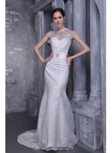 Lace Illusion Mermaid Modest Bridal Gown with Cap Sleeves 1067