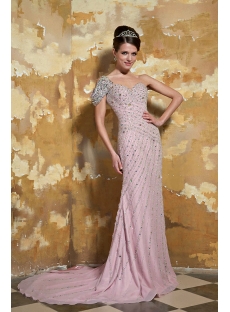 Pale Pink One Shoulder Luxurious Long Formal Evening Dresses with Short Sleeve GG1062