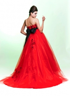 Beautiful Red Empire Wedding Dress with Black Bow