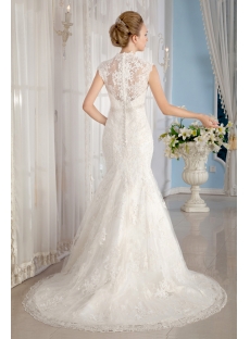 Modest Lace Illusion Back Wedding Dresses with Cap Sleeves