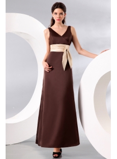 Chocolate Ankle Length Satin Bridesmaid Dress with Bow