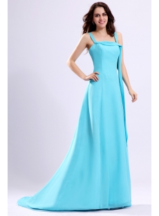 Straps Blue Chiffon Formal Prom Gown with Train