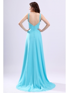 Straps Blue Chiffon Formal Prom Gown with Train