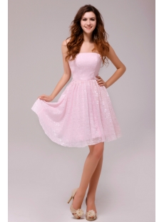 Popular Strapless Pink Lace Short Bridesmaid Dress
