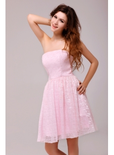 Popular Strapless Pink Lace Short Bridesmaid Dress