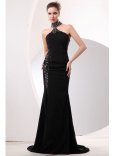 Beaded High-neckline Sexy Slit Black Evening Dress