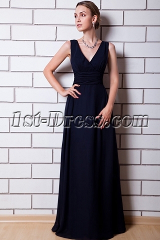 Cheap Dark Navy V-neckline Long Modest Bridesmaid Dresses IMG_0787