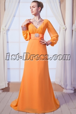 Orange V-neckline Decent Formal Evening Dress with Long Sleeves img_0150