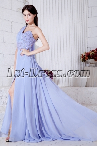 Turquoise One Shoulder Split Front Graduation Dresses with Train IMG_7424