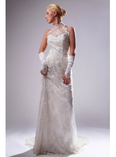 High Collar Halter Champagne Lace Column Bridal Gown with Train SOV110009