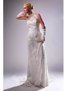 High Collar Halter Champagne Lace Column Bridal Gown with Train SOV110009