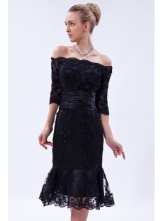Off Shoulder Black Tea Length Lace Wedding Dress with Sleeves IMG_9767
