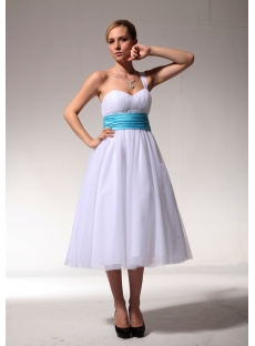 Ivory One Shoulder Tea Length Bridal Gown with Turquoise pmjc891409