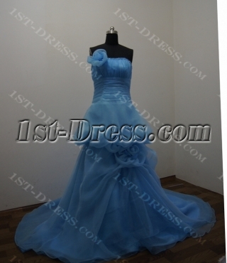 Blue Floor Length Satin Organza Ball Gown Dress 2888