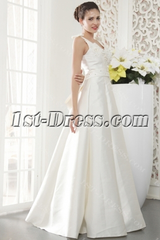 Floor Length V-neckline Petite Modest Bridal Gown with Bow IMG_5452