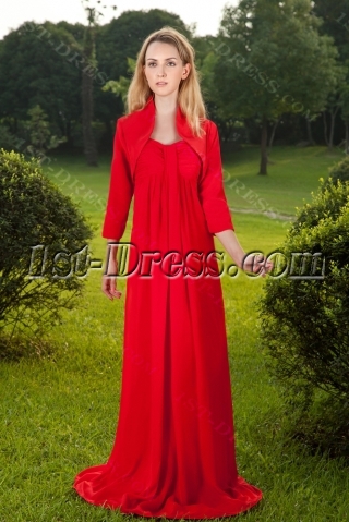 Red Modest Long Straps Maternity Prom Dress with Long Sleeves Jacket IMG_8386