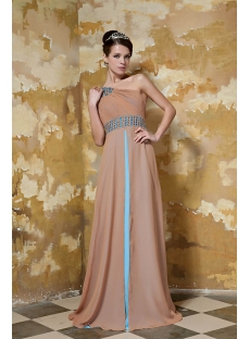Champagne and Blue Long One Shoulder Modest Evening Dress with Shawl GG1045