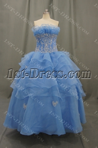 Ball Gown Strapless Pleated Flowers Ruffles Elastic Organza Quinceaneta Dresses 05429