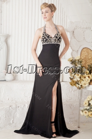 Black Halter Sexy Formal Gown with Slit