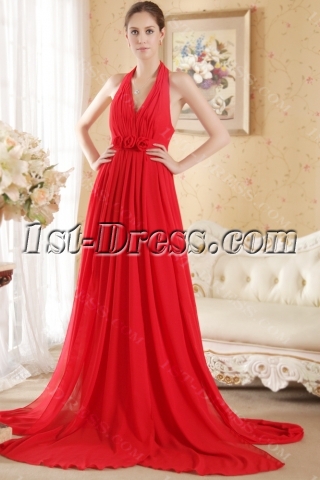 Red Halter Pregnant Evening Dress Cheap with Open Back