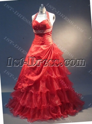  Red Halter Sleeveless Satin Organza Quinceanera Dress 1732