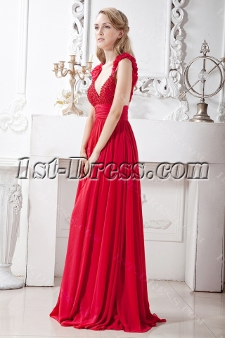 Unique Red Backless Sexy Evening Dress with Cap Sleeves