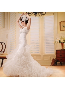 A-Line/Princess V-neck Court Train Chiffon Wedding Dress With Ruffle Beadwork F-077