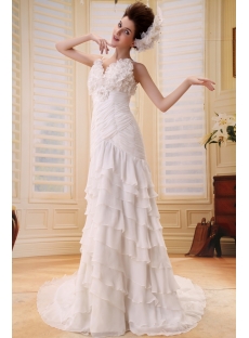 A-Line/Princess V-neck Court Train Chiffon Wedding Dress With Ruffle Beadwork F-091