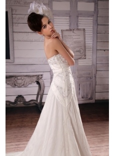 A-Line Strapless Chapel Train Satin Tulle Wedding Dress With Lace Beadwork