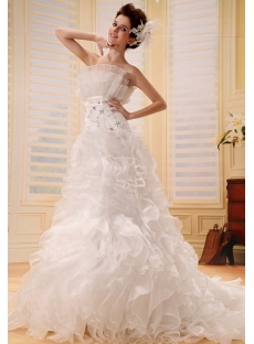 Ball-Gown Strapless Chapel Train Organza Satin Wedding Dress With Lace Beadwork F-114