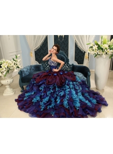 Blue One Shoulder Long / Floor-Length Taffeta Organza Quinceanera Dress H-112 