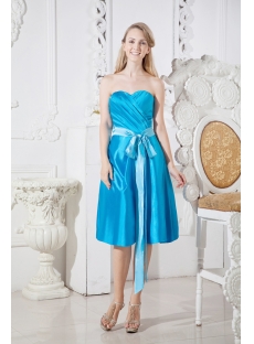 Blue Short Modest Bridesmaid Prom Dress with Sash