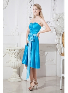 Blue Short Modest Bridesmaid Prom Dress with Sash
