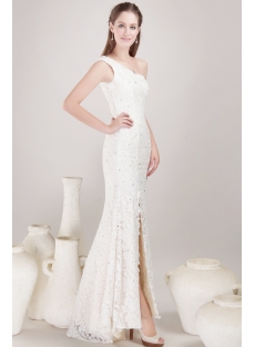 Cap Sleeve One Shoulder Lace Bridal Gown with Slit