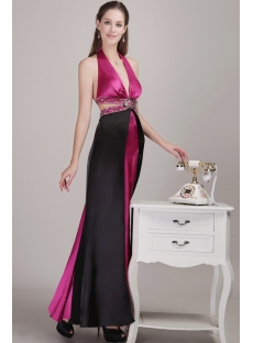 Fuchsia and Black Halter Sexy Evening Dress with Open Back
