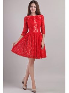 Modest Red Lace Cocktail Dress with Sleeves 2208