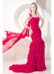 One Shoulder Red Chiffon Mermaid Celebrity Gown