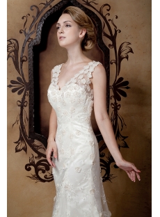 Sheath Mature Lace Bridal Dress with V-neckline