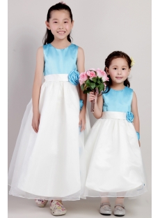 Unique Blue and Ivory Tea Length Wedding Flower Girl Dresses 2077
