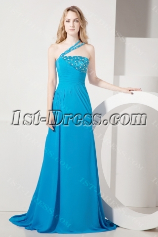 Fashionable Teal Blue One Shoulder Vintage Evening Gown