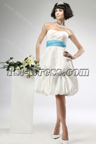 Short Satin Civil Wedding Dresses with Blue Waistband