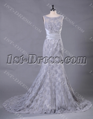 Silver Sheath Lace Bridal Gown with Illusion Neckline