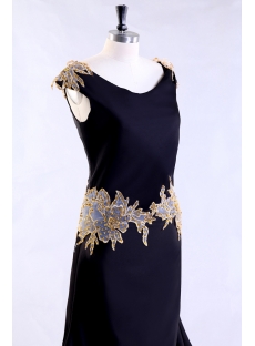 Black Long Plus Size Evening Dress with Gold Appliques