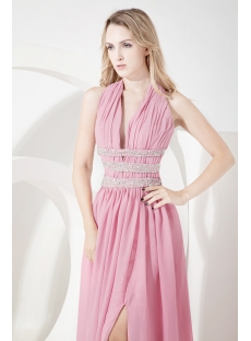 Dusty Rose Plunging Halter Evening Dress with Backless