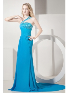 Fashionable Teal Blue One Shoulder Vintage Evening Gown