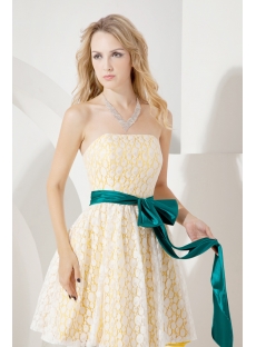 White and Yellow Short Lace Cocktail Dress with Teal Sash
