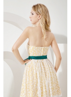 White and Yellow Short Lace Cocktail Dress with Teal Sash