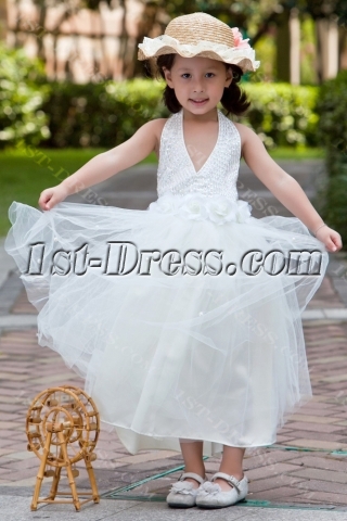 Halter Tea Length Casual Flower Girl Dresses for Beach Wedding