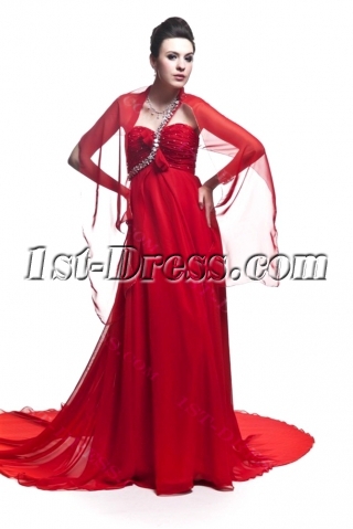 Red One Shoulder Empire Plus Size Prom Dress with Shawl
