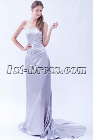 Strapless Silver Formal Evening Dress with Train